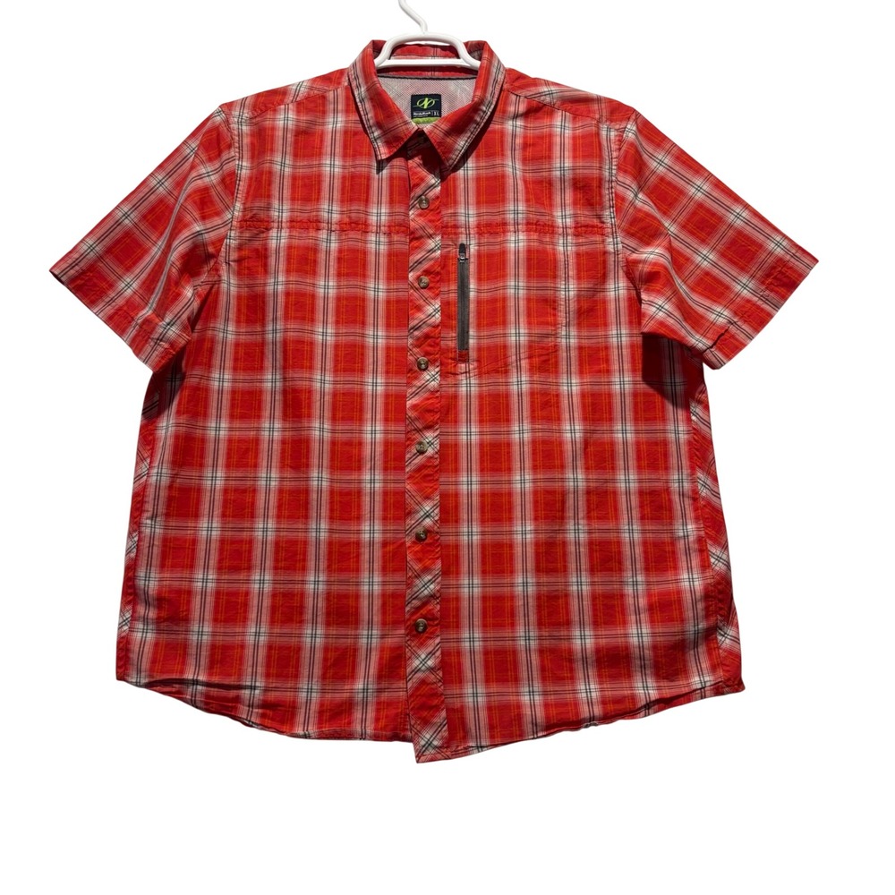 NordicTrack Mens Plaid Short Sleeve Button Up Shirt Red XL Zip Pocket Outdoor